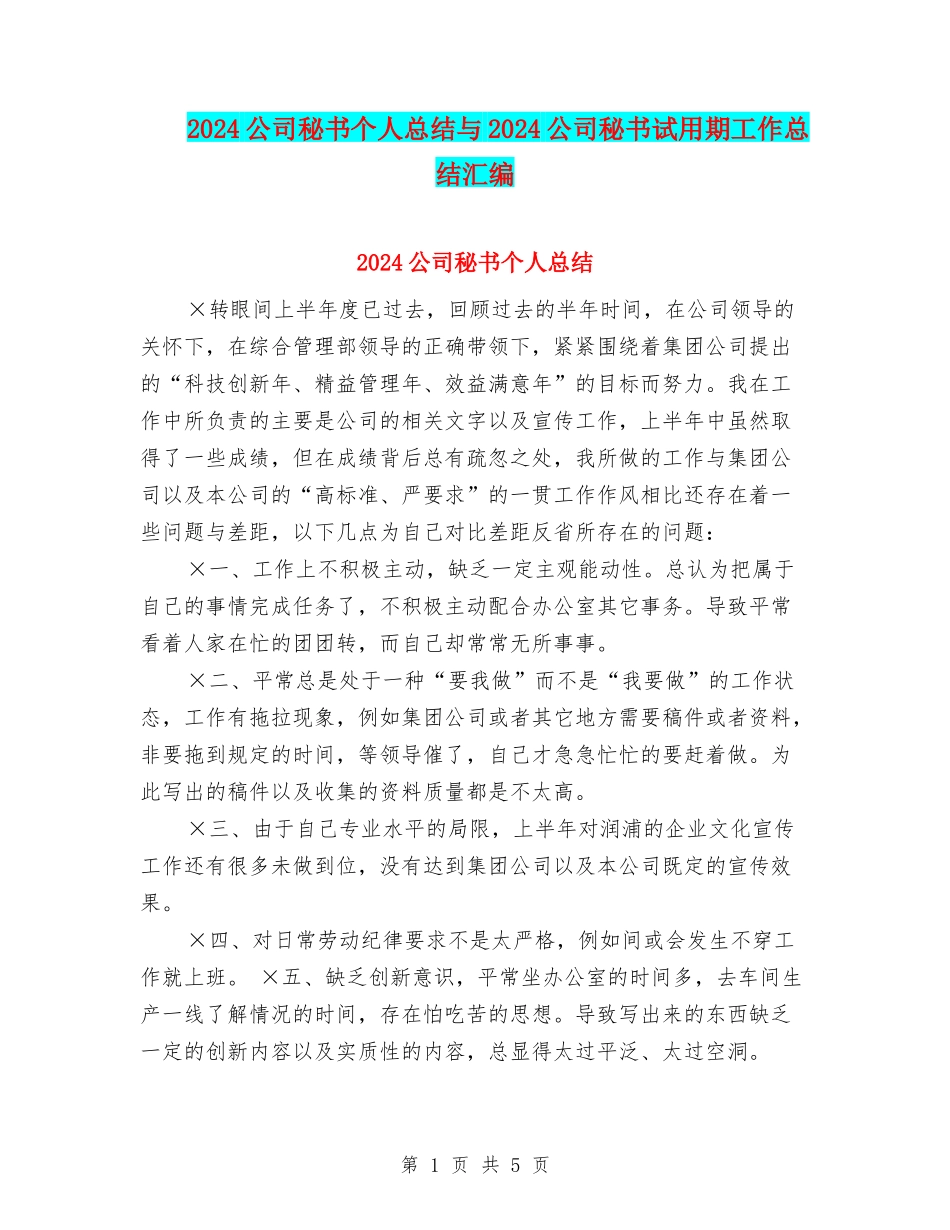 2024公司秘书个人总结与2024公司秘书试用期工作总结汇编_第1页