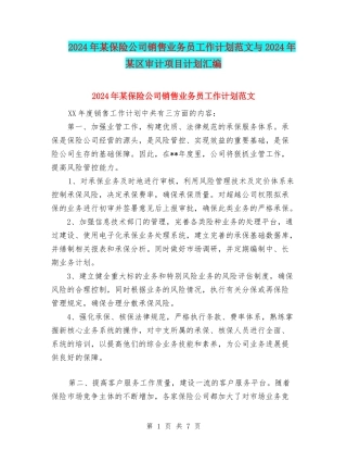 2024年某保险公司销售业务员工作计划范文与2024年某区审计项目计划汇编