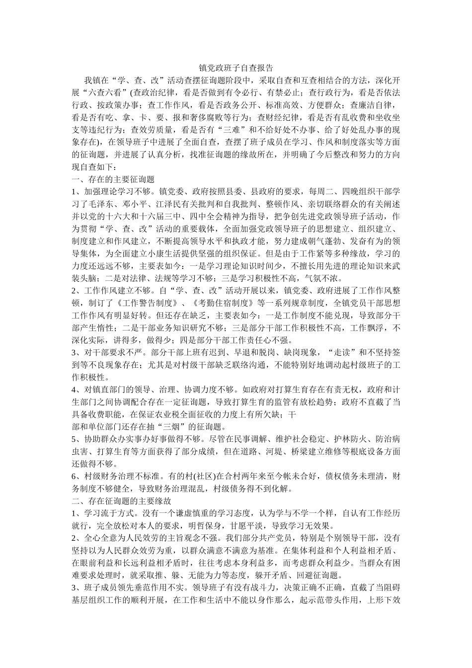 镇党政班子自查报告 _第1页
