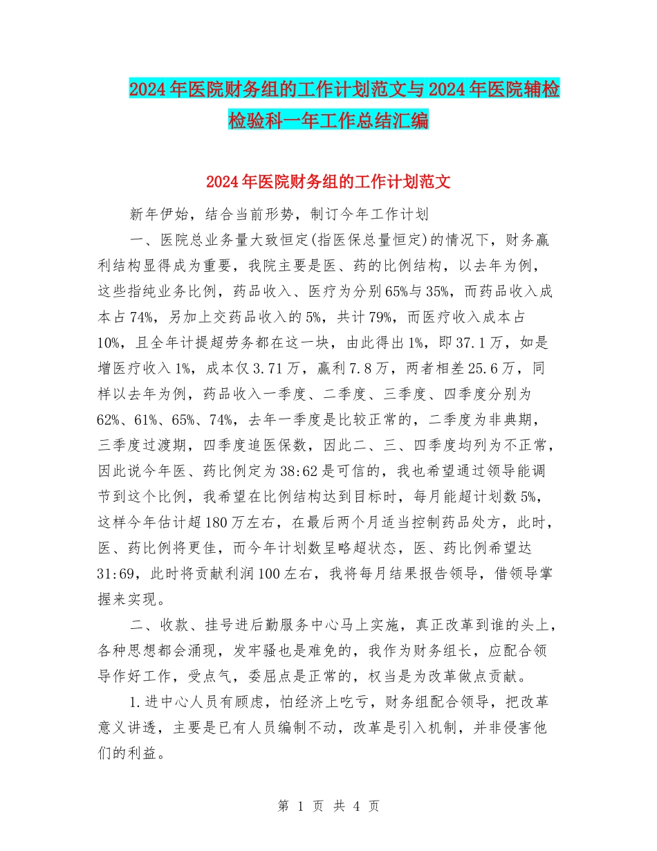 2024年医院财务组的工作计划范文与2024年医院辅检检验科一年工作总结汇编_第1页