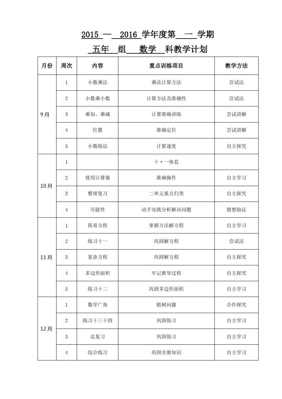 五年级上册数学计划进度一览表(4表)_第1页