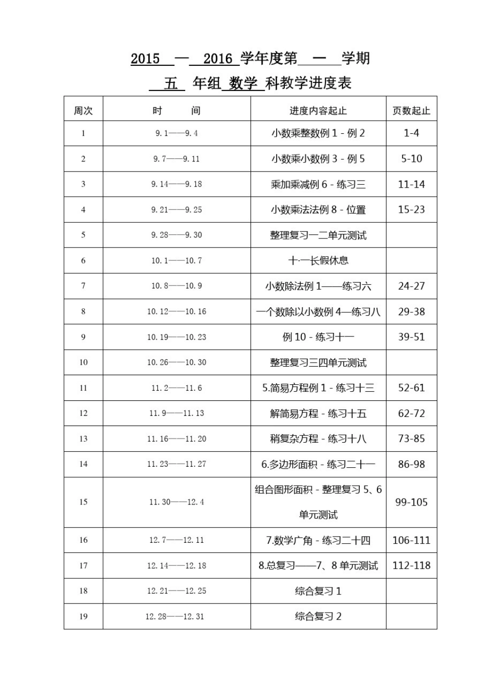 五年级上册数学计划进度一览表(4表)_第2页