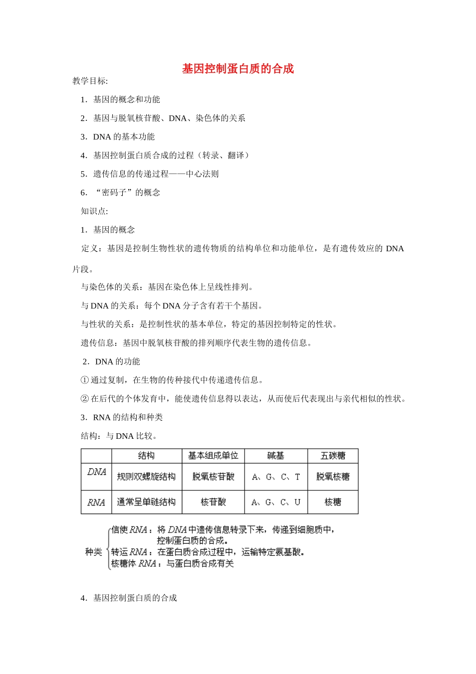 高中生物《基因控制蛋白质的合成》教案5 苏教版必修2_第1页