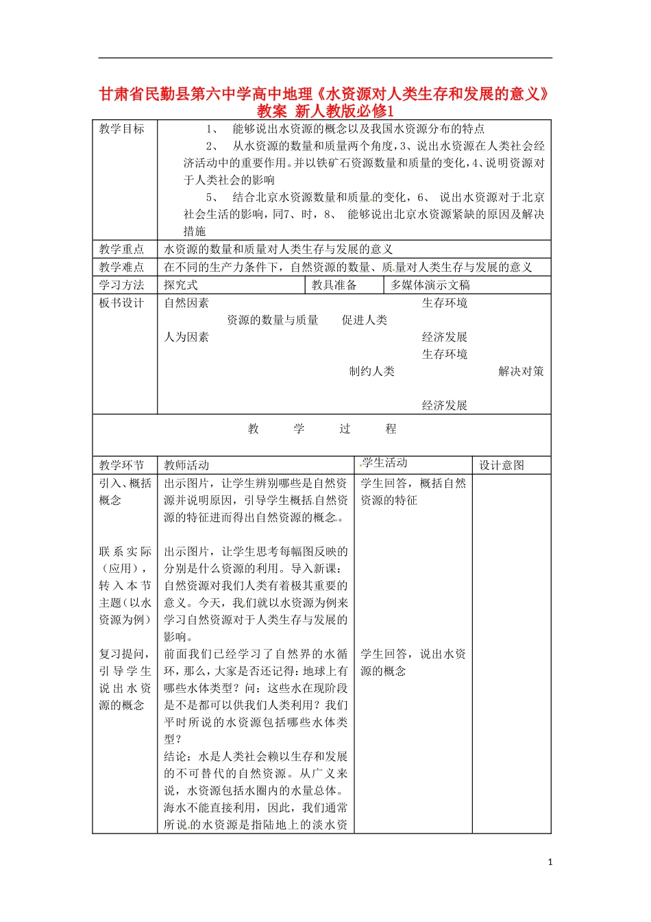 甘肃省民勤县第六中学高中地理《水资源对人类生存和发展的意义》教案 新人教版必修1_第1页