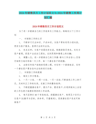 2024年销售员月工作计划范文与2024年销售工作周计划汇编