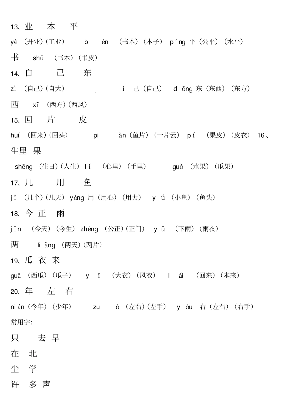 人教一年级上册语文生字表带笔顺拼音组词及积累_第3页