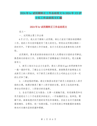 2024年hr试用期转正工作总结范文与2024年ICU护士长工作总结范文汇编