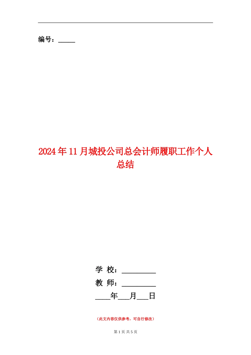2024年11月城投公司总会计师履职工作个人总结_第1页