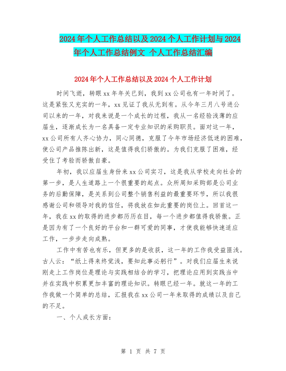 2024年个人工作总结以及2024个人工作计划与2024年个人工作总结例文-个人工作总结汇编_第1页