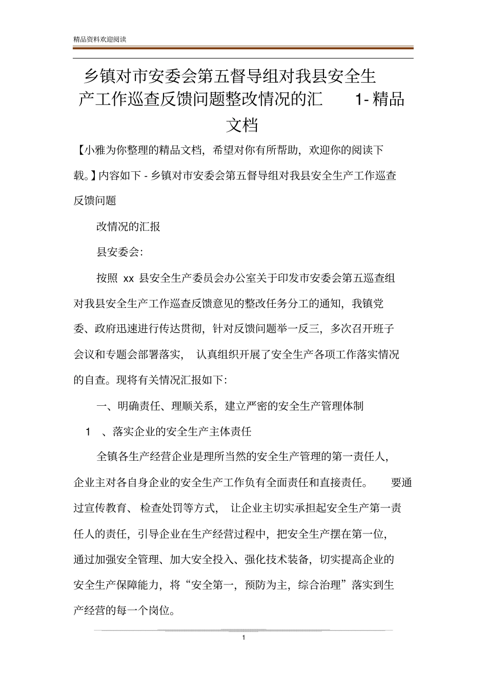 乡镇对市安委会第五督导组对我县安全生产工作巡查反馈问题整改情况的汇1-精品文档_第1页