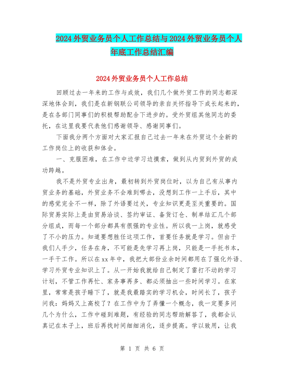 2024外贸业务员个人工作总结与2024外贸业务员个人年底工作总结汇编_第1页