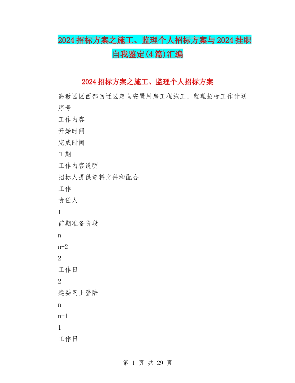 2024招标方案之施工、监理个人招标方案与2024挂职自我鉴定汇编_第1页