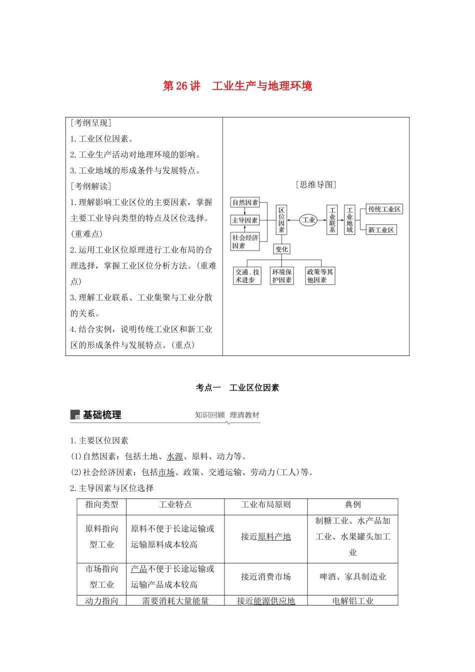 版高考地理新导学大一轮复习 第二册 第三单元 产业活动与地理环境 第26讲 工业生产与地理环境讲义（含解析）鲁教版-鲁教版高三第二册地理教案_第1页