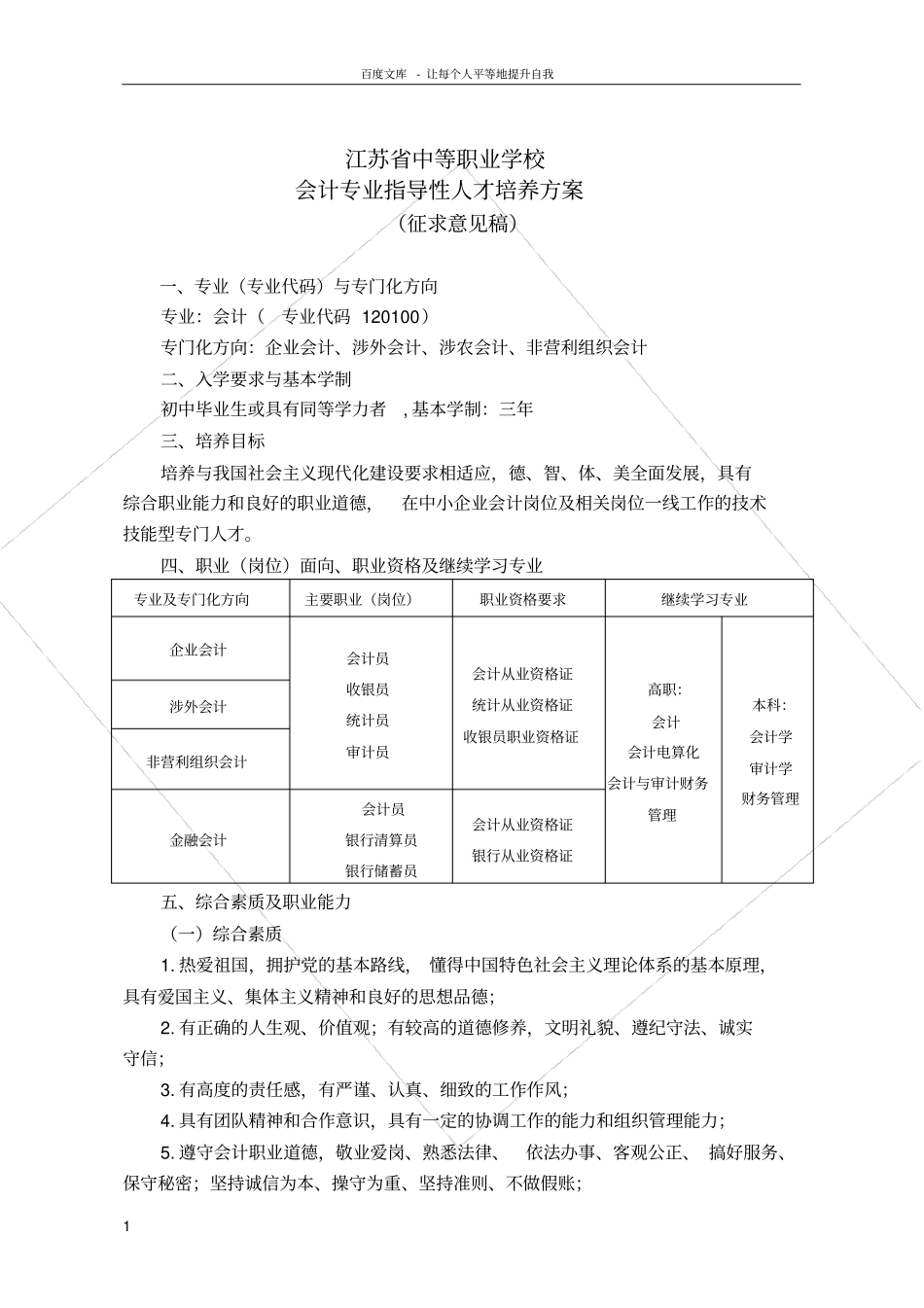 中等职业教育会计专业指导性人才培养方案(征求意见稿)_第1页