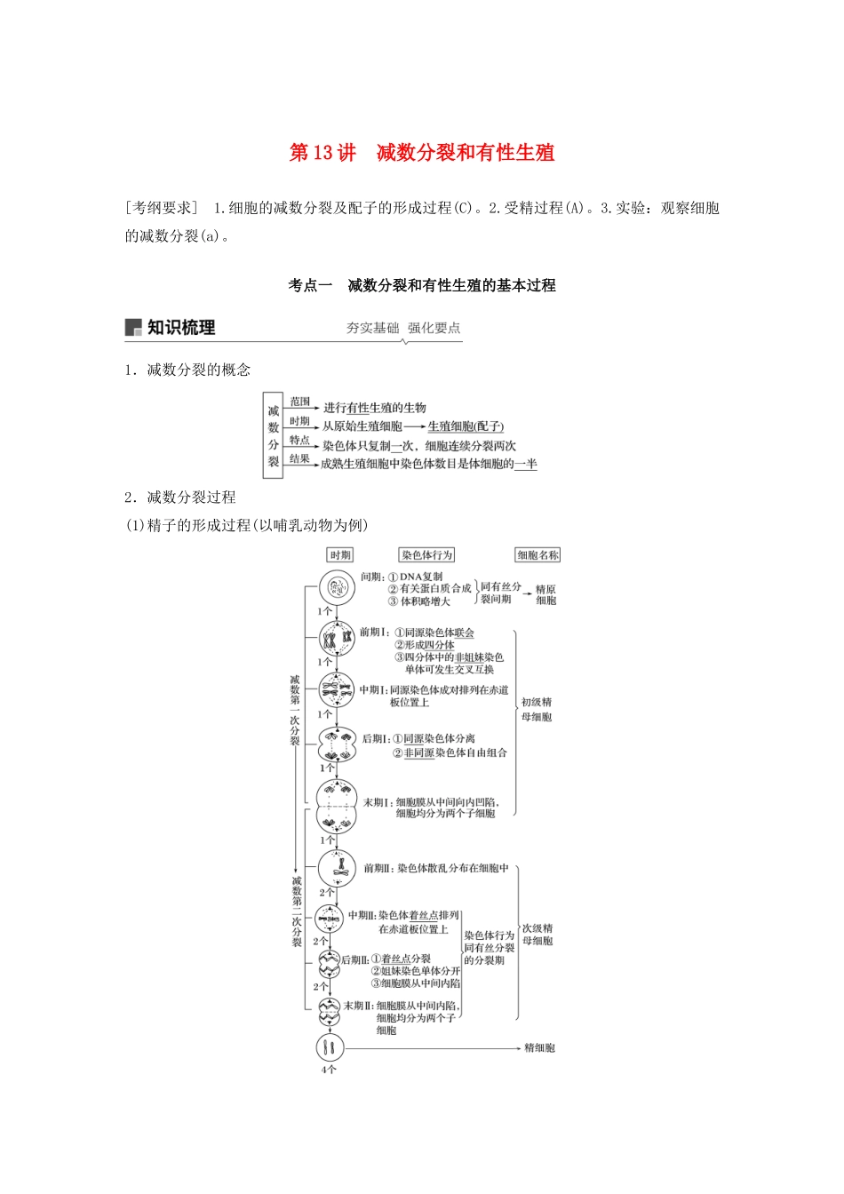 （江苏专用）高考生物新导学大一轮复习 第四单元 细胞的生命历程和有性生殖 第13讲 减数分裂和有性生殖讲义（含解析）苏教版-苏教版高三全册生物教案_第1页