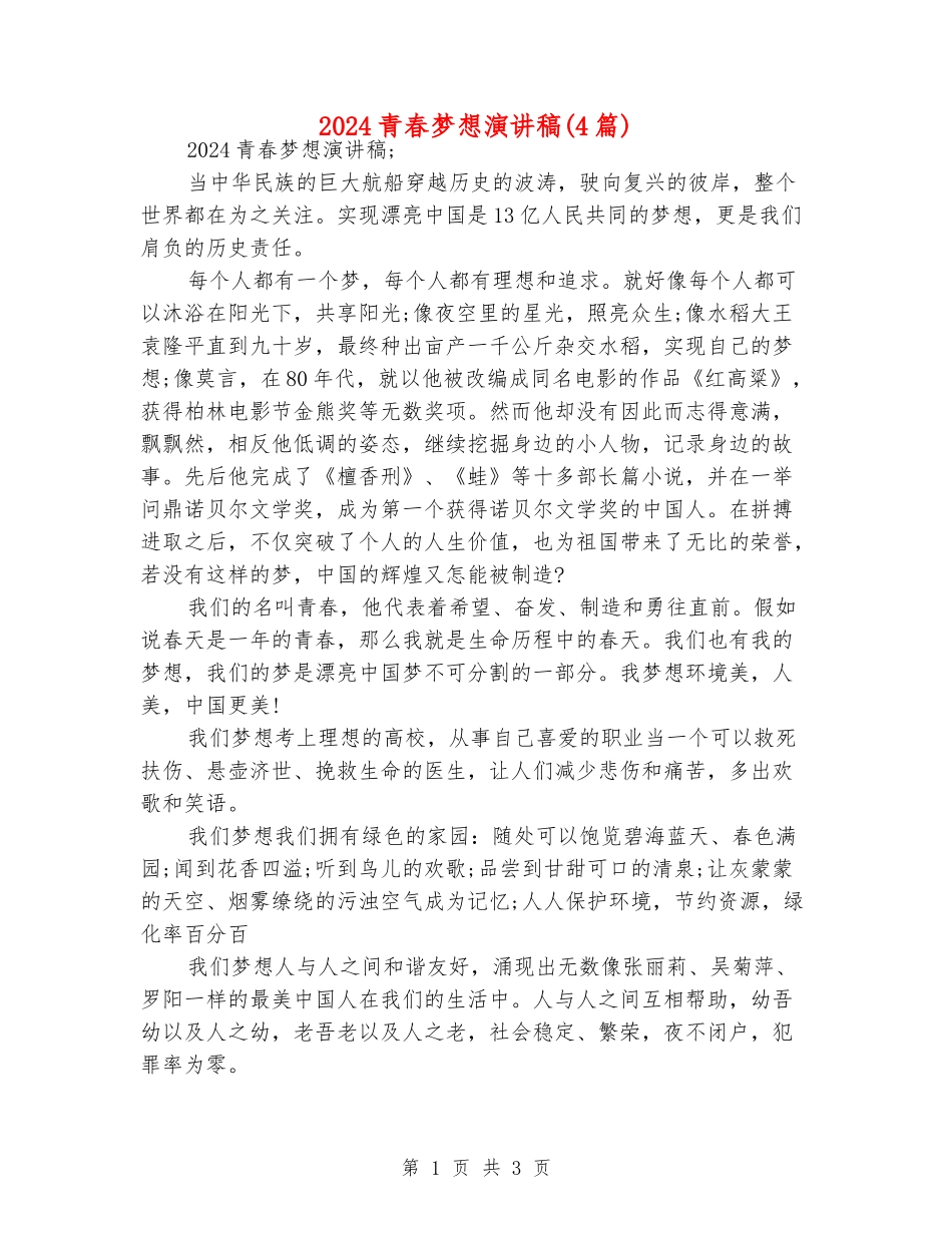 2024青春梦想演讲稿_第1页