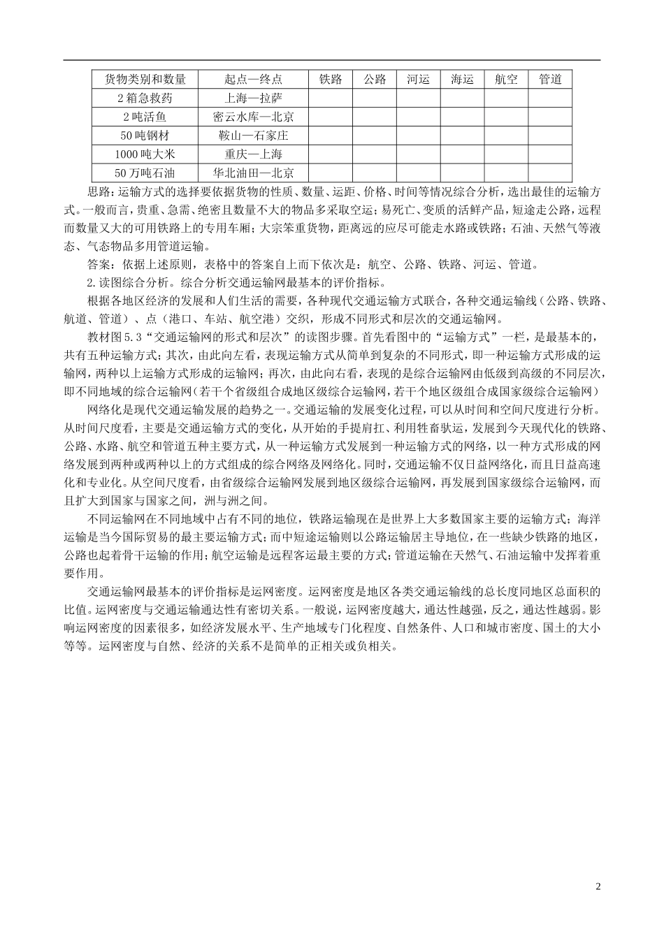 高中地理 5.1 交通运输方式和布局例题思考 新人教版必修2_第2页