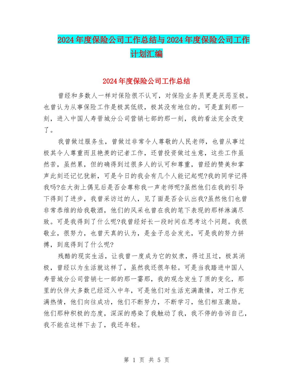 2024年度保险公司工作总结与2024年度保险公司工作计划汇编_第1页