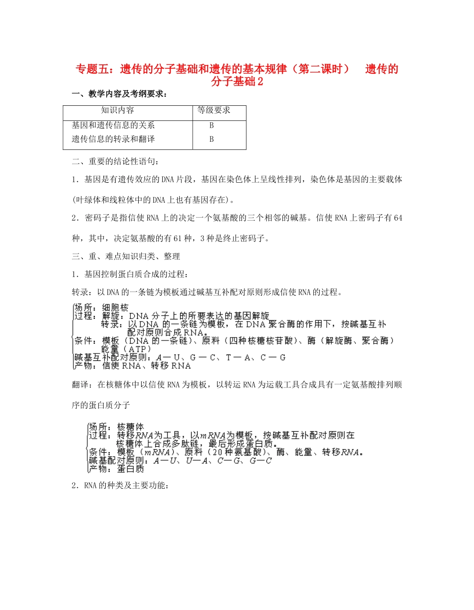 高三生物 专题五 遗传的分子基础和遗传的基本规律（第二课时）教案_第1页