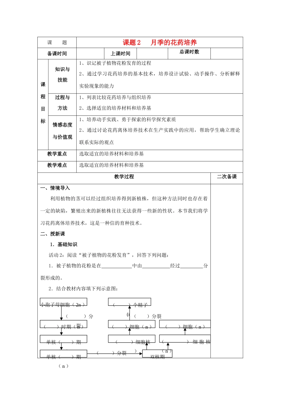 高中生物 2《月季的花药培养》教案3 新人教版选修1_第1页