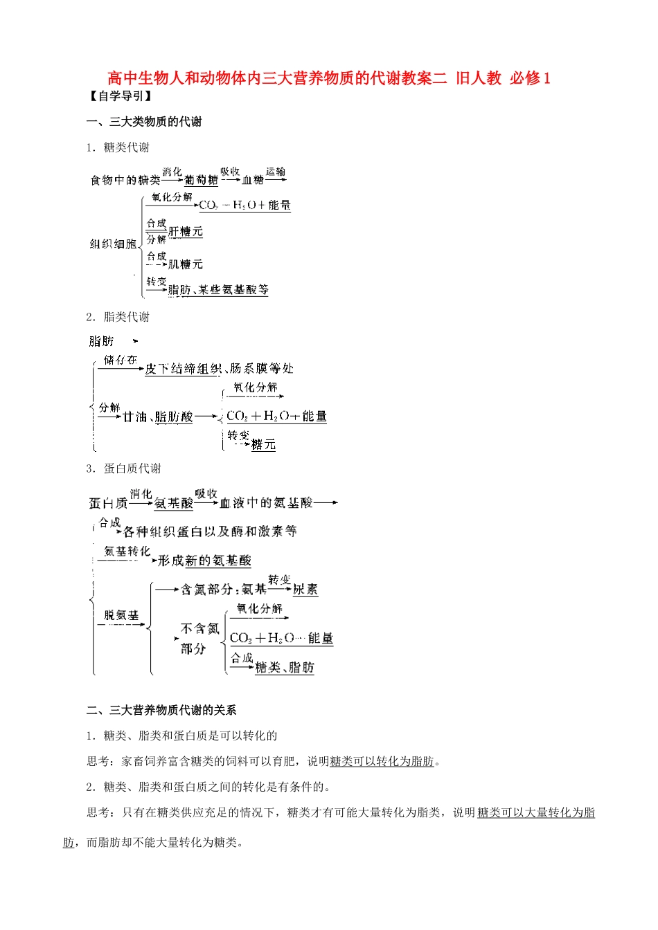 高中生物人和动物体内三大营养物质的代谢教案二 旧人教 必修1_第1页