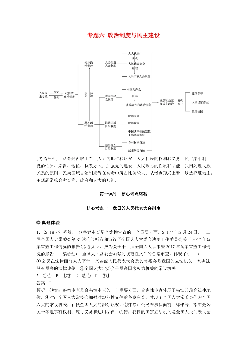 （江苏版）高考政治二轮复习 第1部分 专题突破 专题六 政治制度与民主建设（第1课时）核心考点突破讲义-江苏版高三全册政治教案_第1页