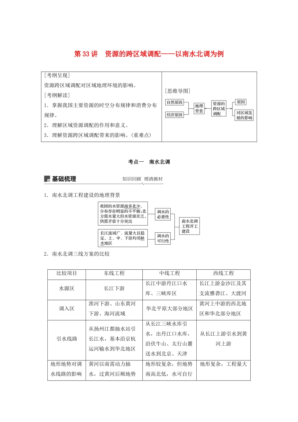 版高考地理新导学大一轮复习 第三册 第三单元 区域资源、环境与可持续发展 第33讲 资源的跨区域调配——以南水北调为例讲义（含解析）鲁教版-鲁教版高三第三册地理教案_第1页