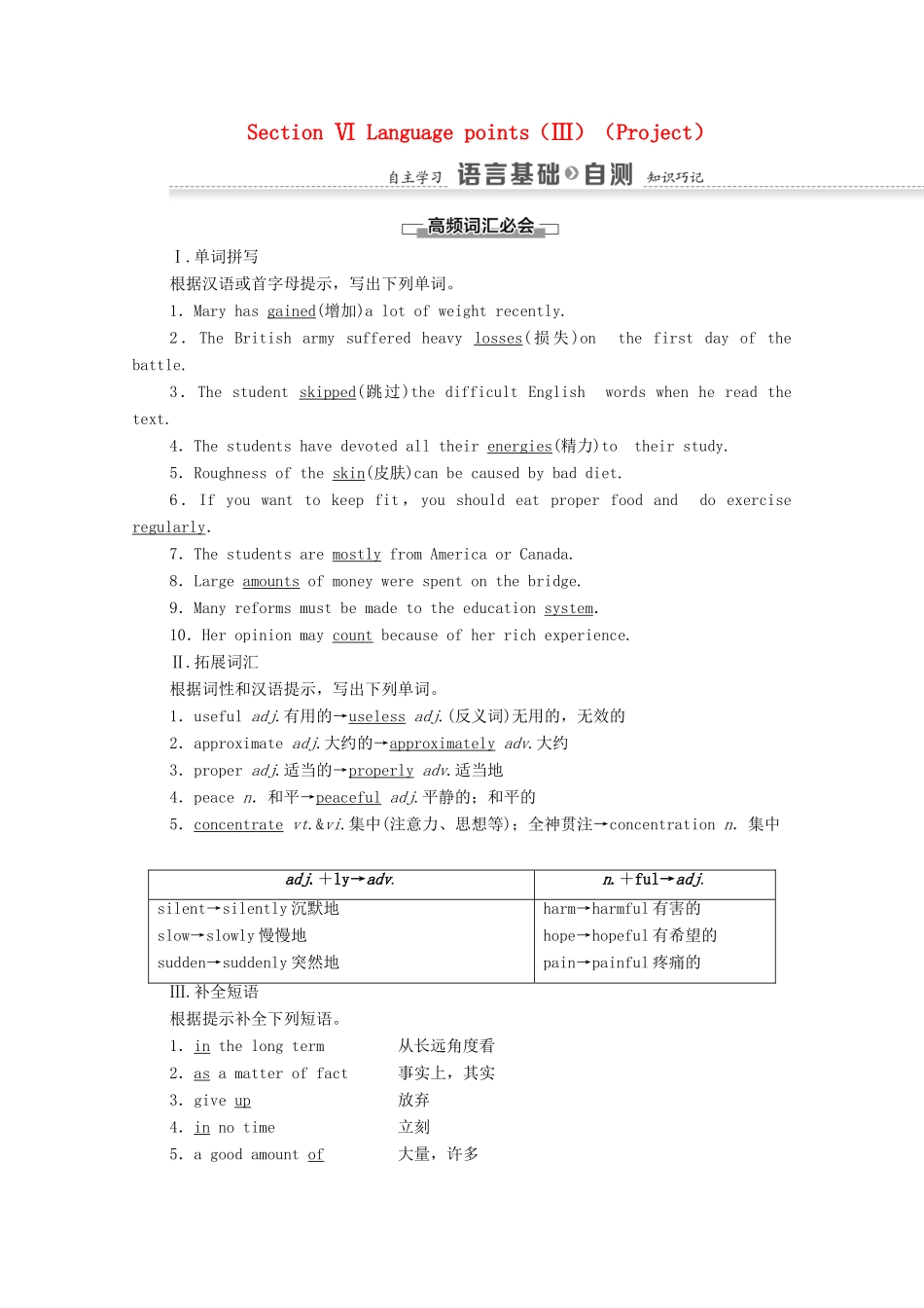 高中英语 Unit3 Looking good,feeling good Section Ⅵ Language points（Ⅲ）（Project）教案 牛津译林版必修1-牛津版高中必修1英语教案_第1页