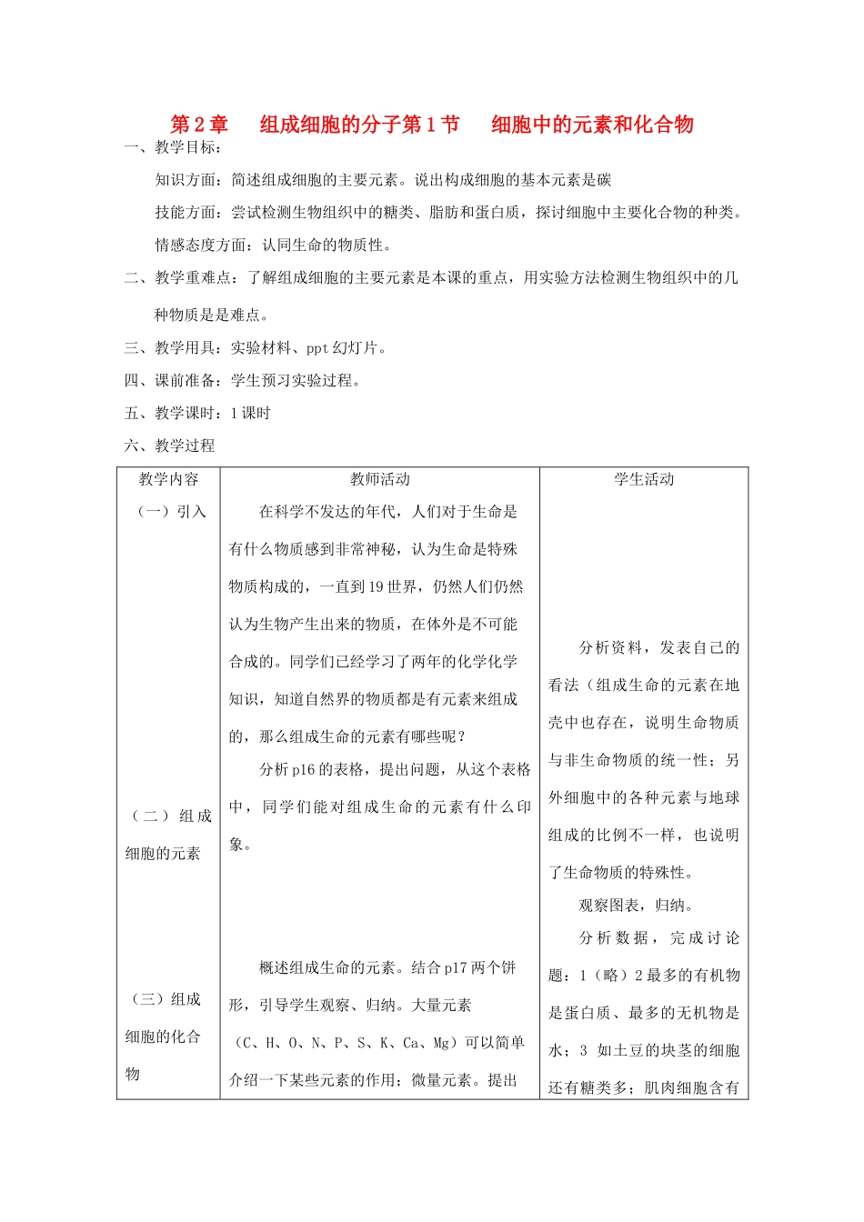 高中生物 2.1《细胞中的元素和化合物》教案13 新人教版必修1_第1页