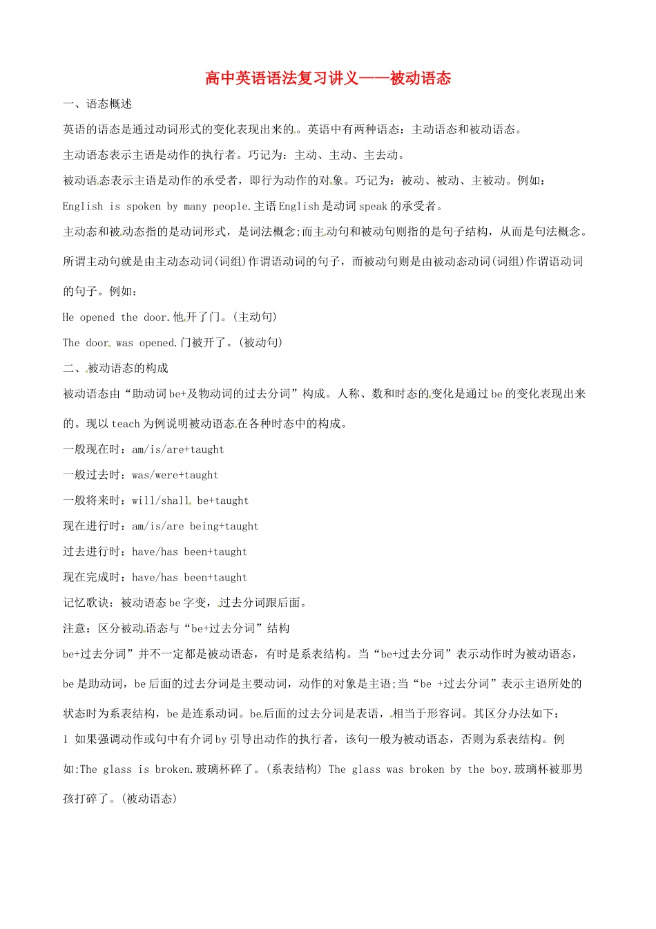 （全国通用）高中英语 语法复习讲义+训练 被动语态_第1页