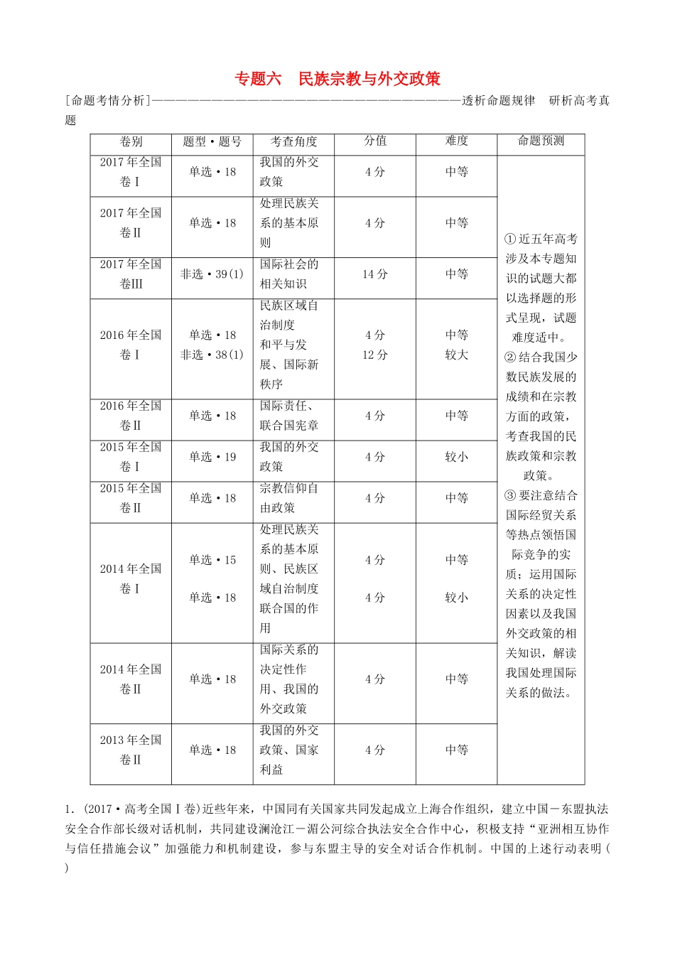 高三政治大二轮复习 专题六 民族宗教与外交政策讲义-人教版高三全册政治教案_第1页