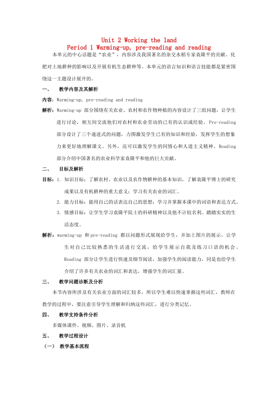 高中英语 Unit2 Working the land教学设计 新人教版必修4-新人教版高一必修4英语教案_第1页