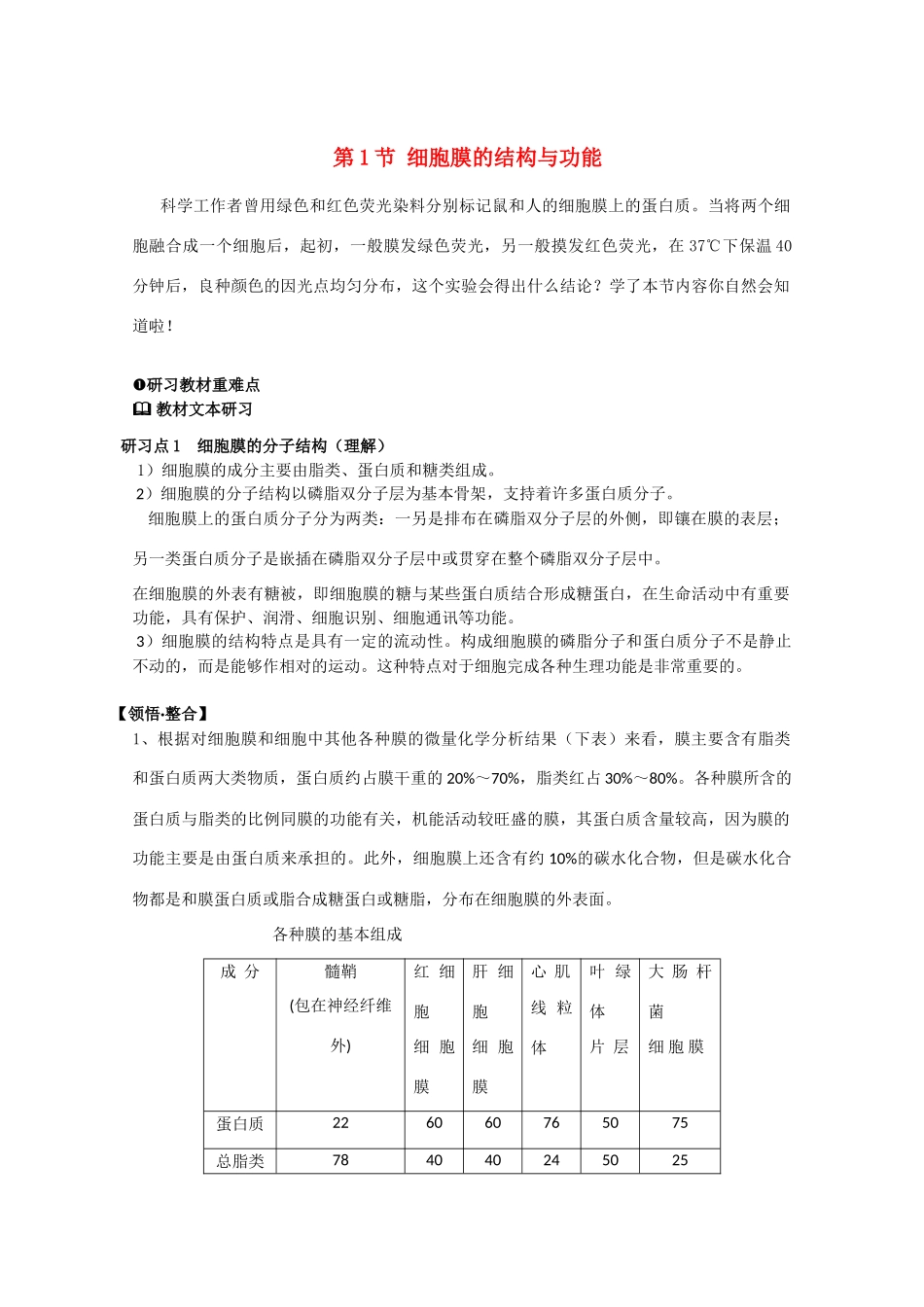 高中生物《细胞膜的结构与功能》教案2 中图版必修1_第1页