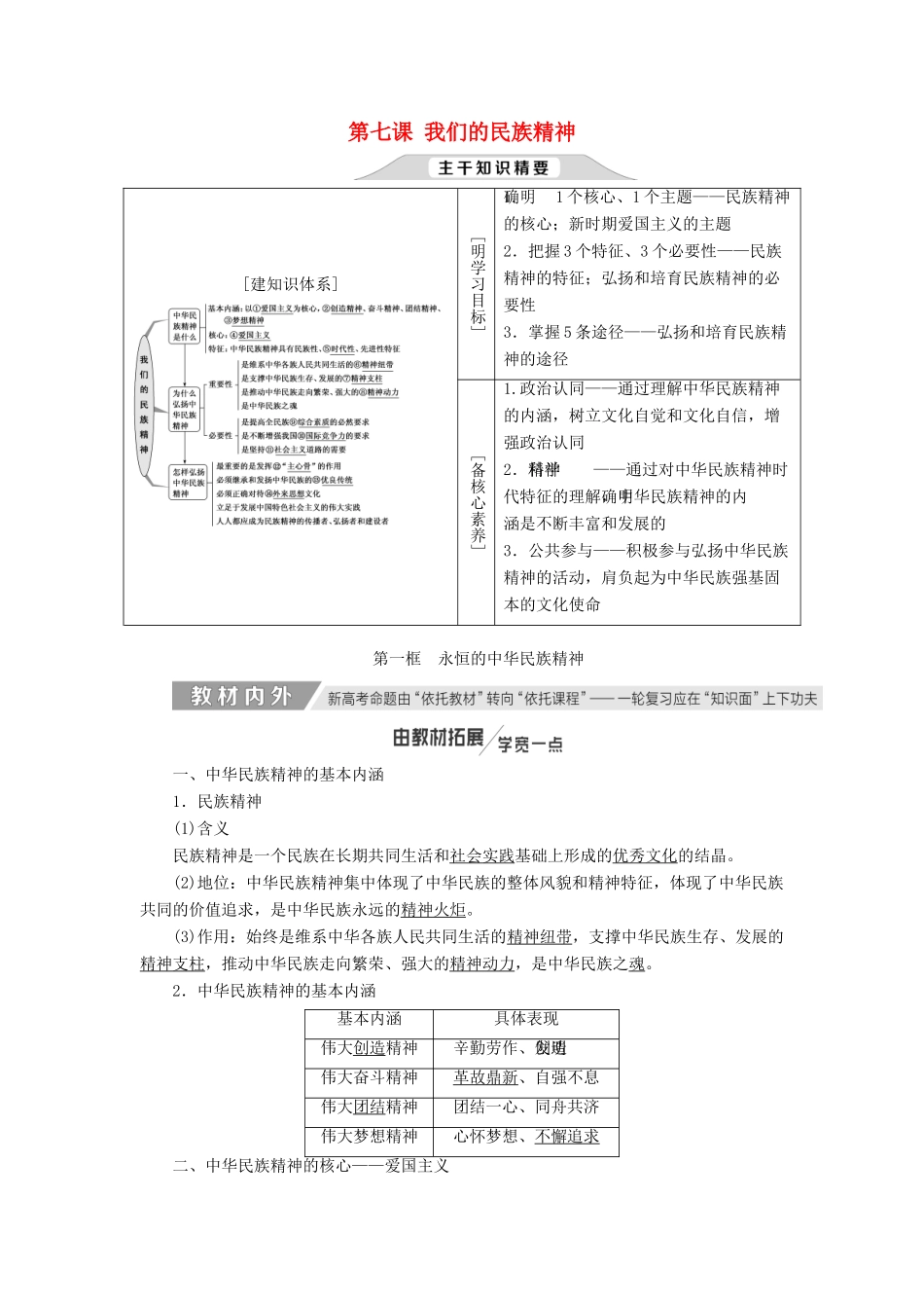 （新课改省份专用）高考政治一轮复习 第三单元 第七课 我们的民族精神讲义 新人教版必修3-新人教版高三必修3政治教案_第1页