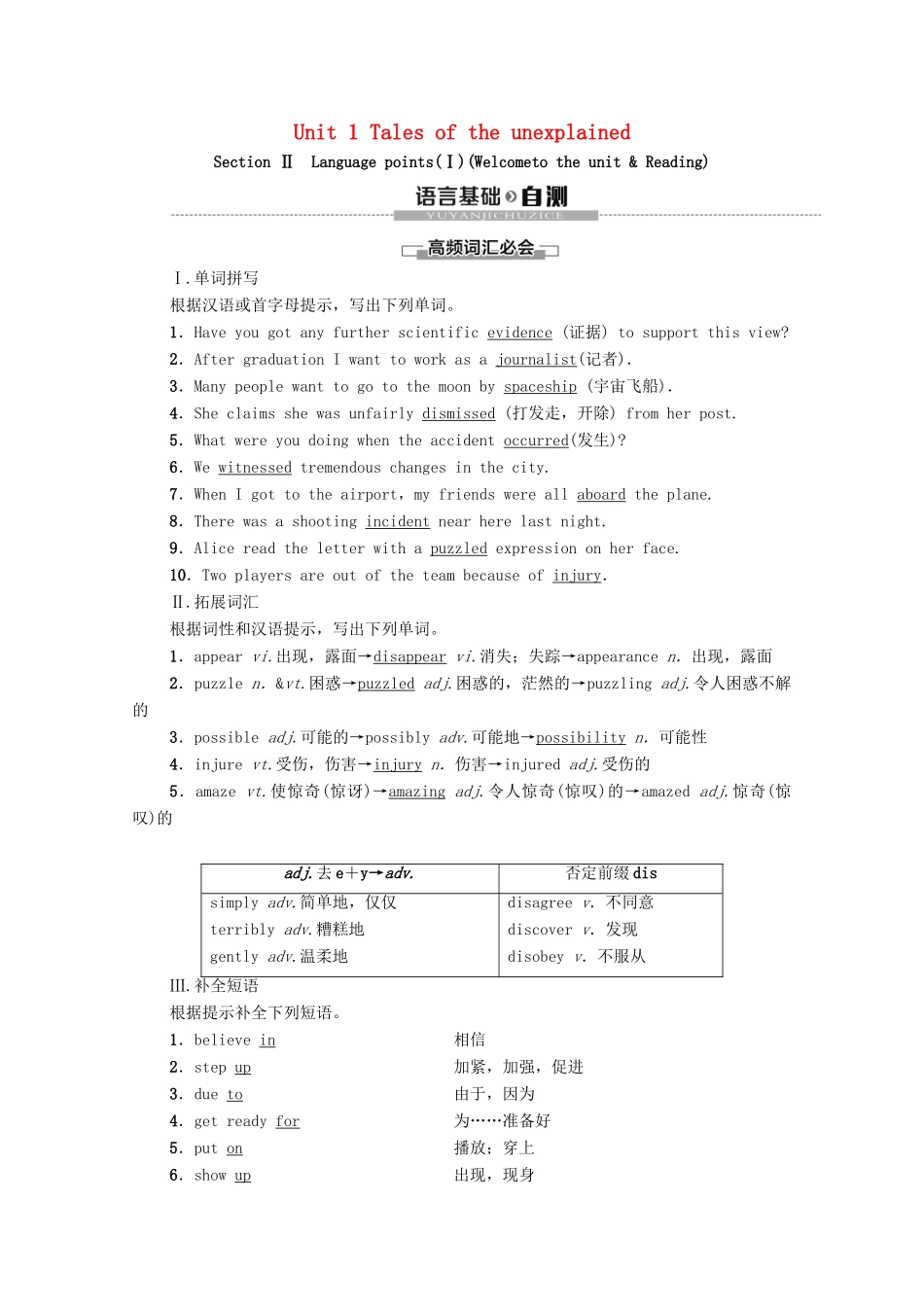 高中英语 Unit 1 Tales of the unexplained Section Ⅱ Language points（Ⅰ）（Welcome to the unit  Reading）（教师用书）教案 牛津译林版必修2-牛津版高一必修2英语教案_第1页