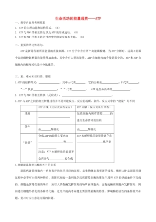 高三生物 专题二 生命活动的能量通货 ATP教案