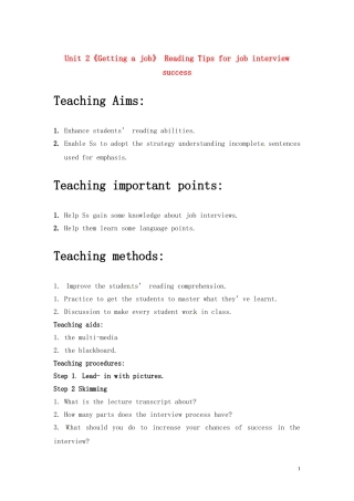 高中英语 Unit 2《Getting a job》Reading教案1 译林版选修11