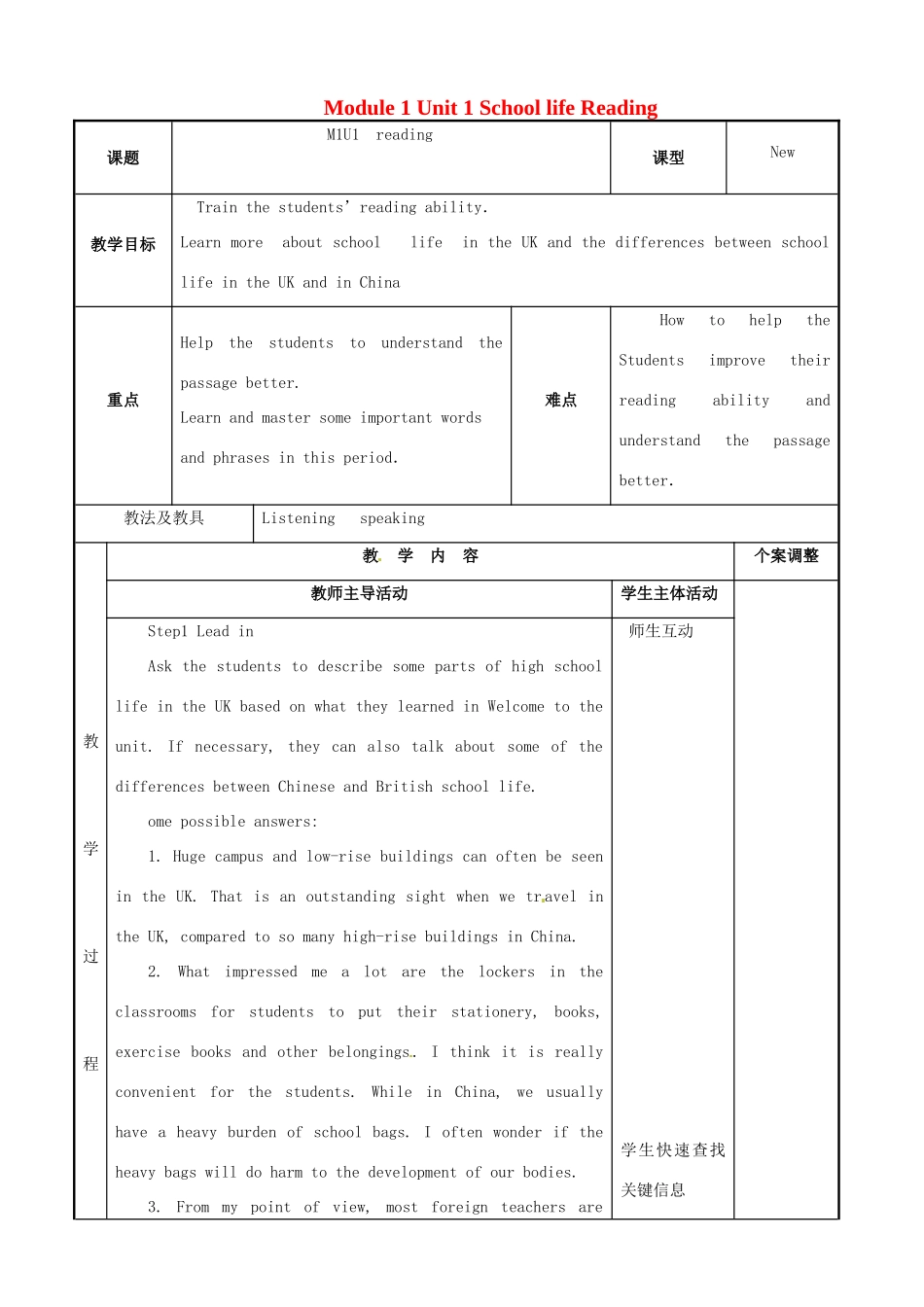 高中英语 Module 1 Unit 1 School life Reading教案 牛津泽林版必修1-人教版高一必修1英语教案_第1页