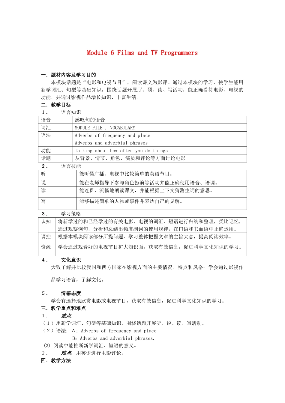 高中英语 Module 6 Films and TV Programmes 教案 外研版必修2_第1页