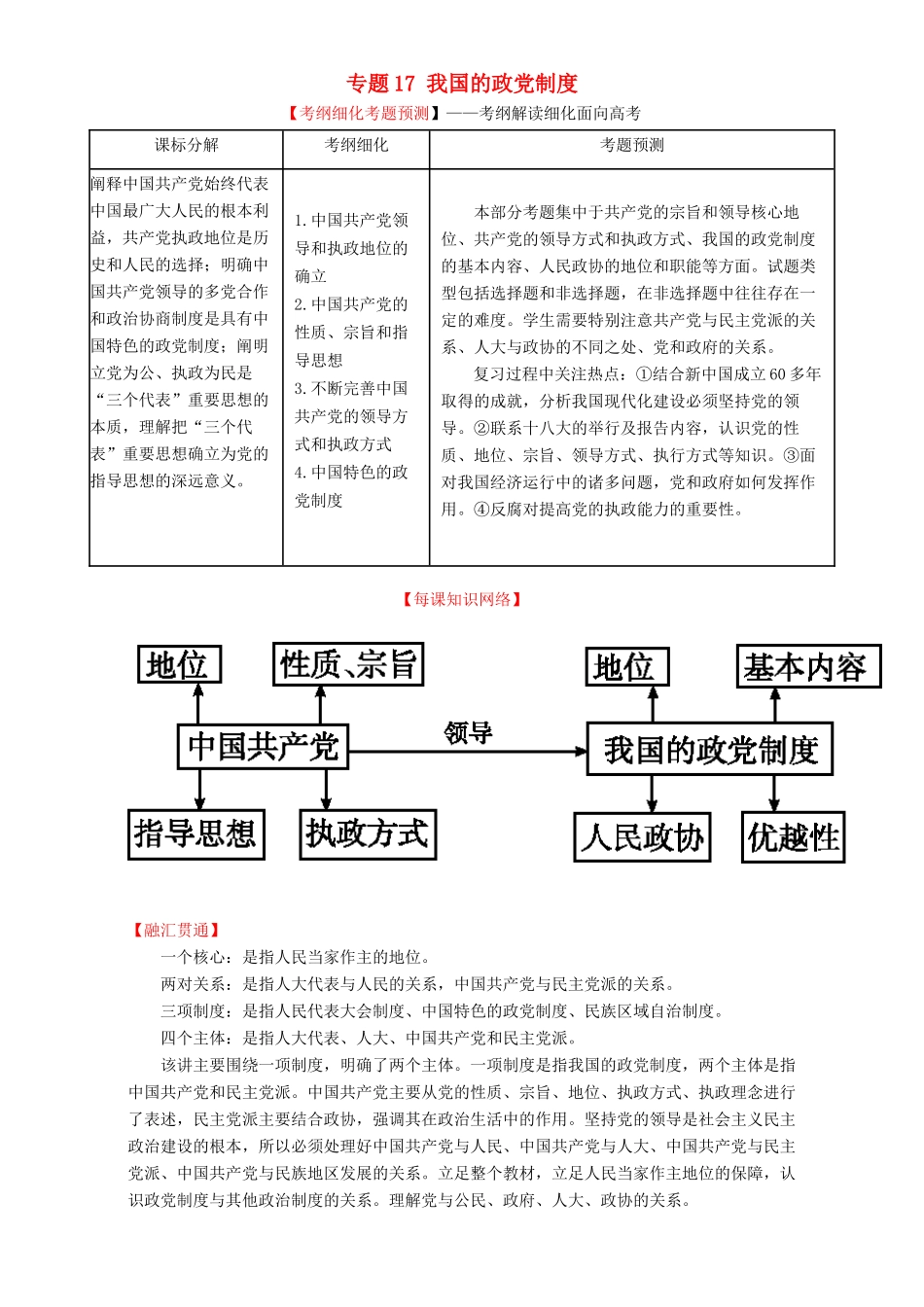 （讲练测）高考政治一轮复习 专题17 我国的政党制度（讲）（含解析）新人教版必修2-新人教版高三必修2政治教案_第1页