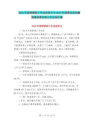 2024年度营销部工作总结范文与2024年度落实党风廉政建设责任制工作总结汇编