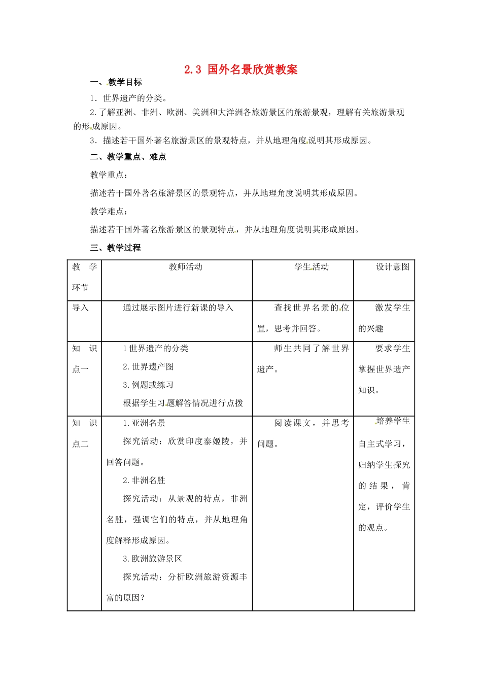 高中地理 第2章 旅游景观的欣赏 2.3 国外名景欣赏教案 湘教版选修3-湘教版高二选修3地理教案_第1页
