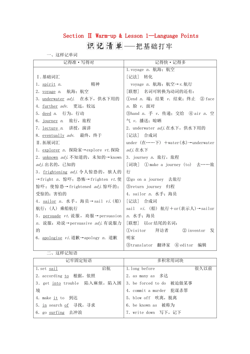 高中英语 Unit 7 The Sea Section Ⅱ Warm-up  Lesson 1—Language Points教案（含解析）北师大版必修3-北师大版高一必修3英语教案_第1页