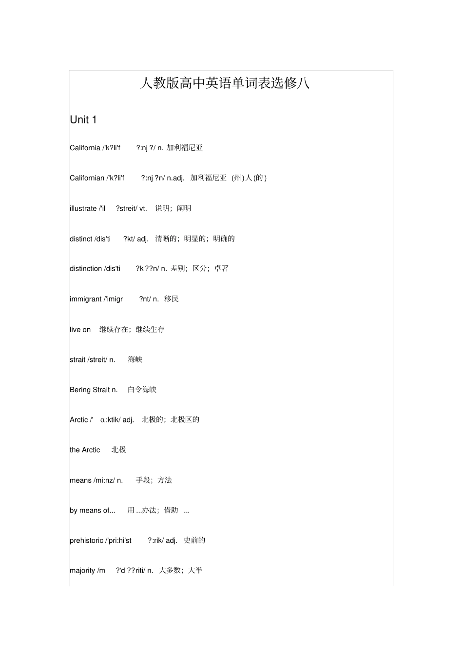 (完整word)人教版高中英语单词表选修八带音标_第1页