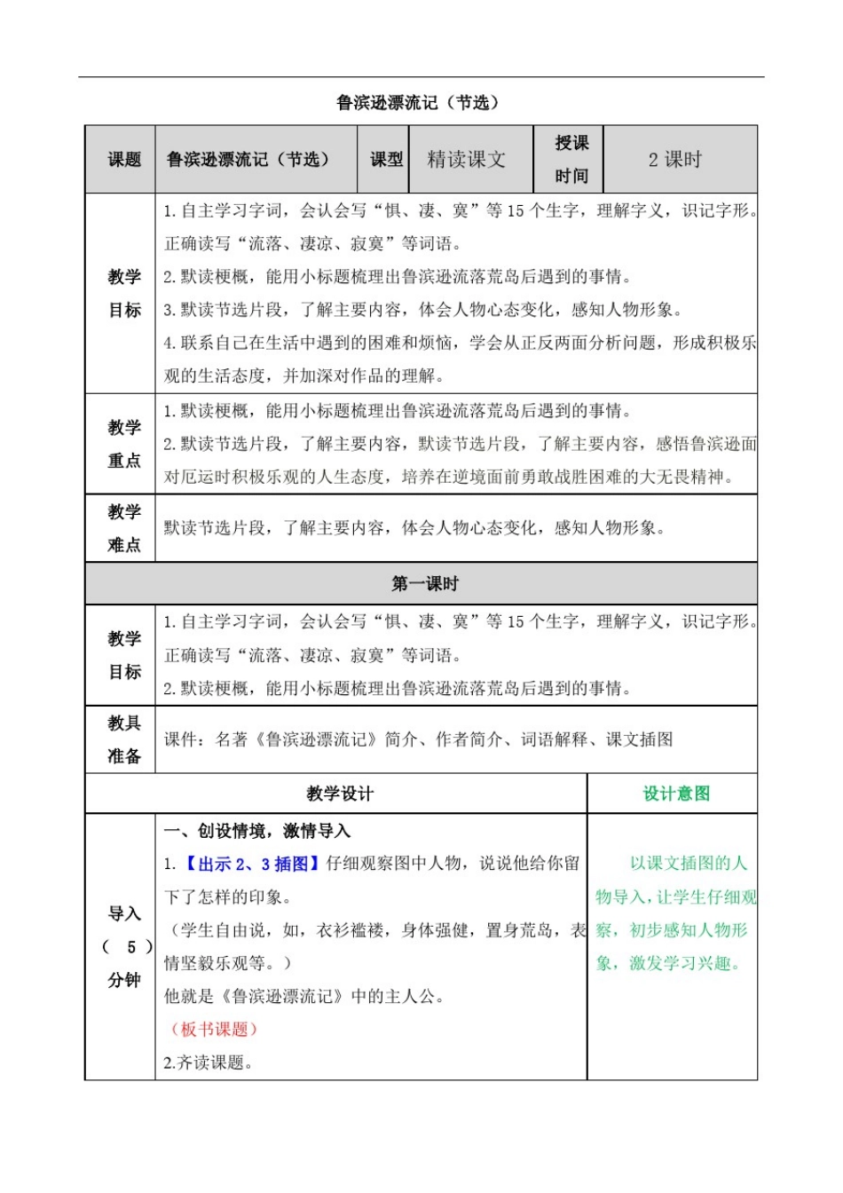 小学语文六年级下册《鲁滨逊漂流记(节选)》精读课文教案_第1页