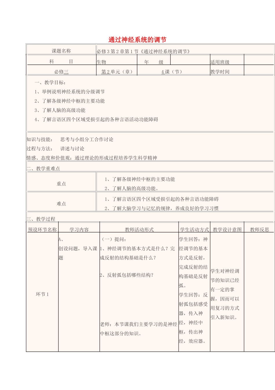 高中生物上学期第15周 通过神经系统的调节教学设计-人教版高中全册生物教案_第1页
