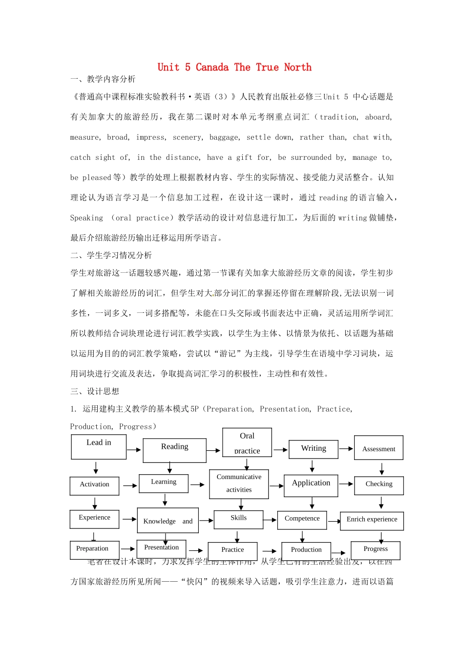 福建省厦门市集美区灌口中学高中英语 Unit 5 Canada “The True North”词汇教学设计 新人教版必修3_第1页