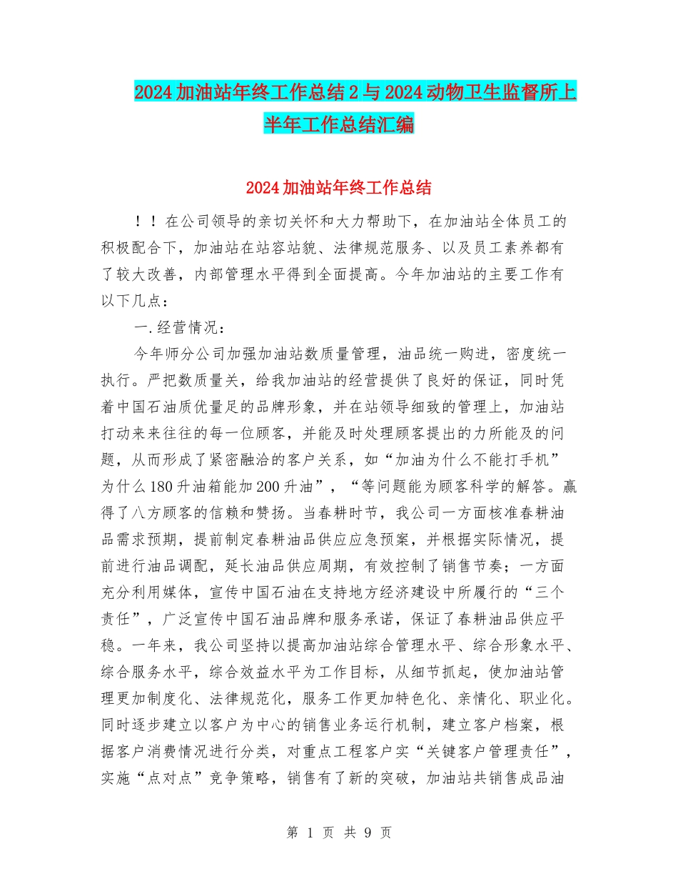 2024加油站年终工作总结2与2024动物卫生监督所上半年工作总结汇编_第1页