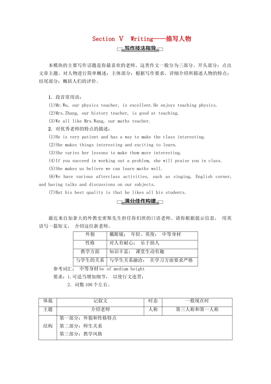 高中英语 Module 2 My New Teachers Section Ⅴ Writing——描写人物教案（含解析）外研版必修1-外研版高一必修1英语教案_第1页