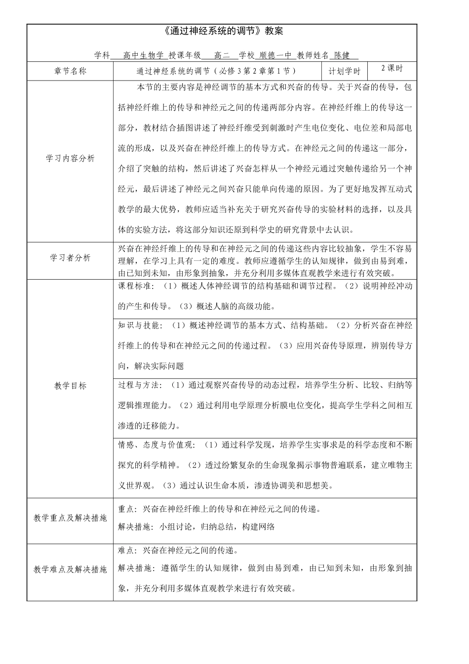 高中生物《通过神经系统的调节》教案必修三_第1页